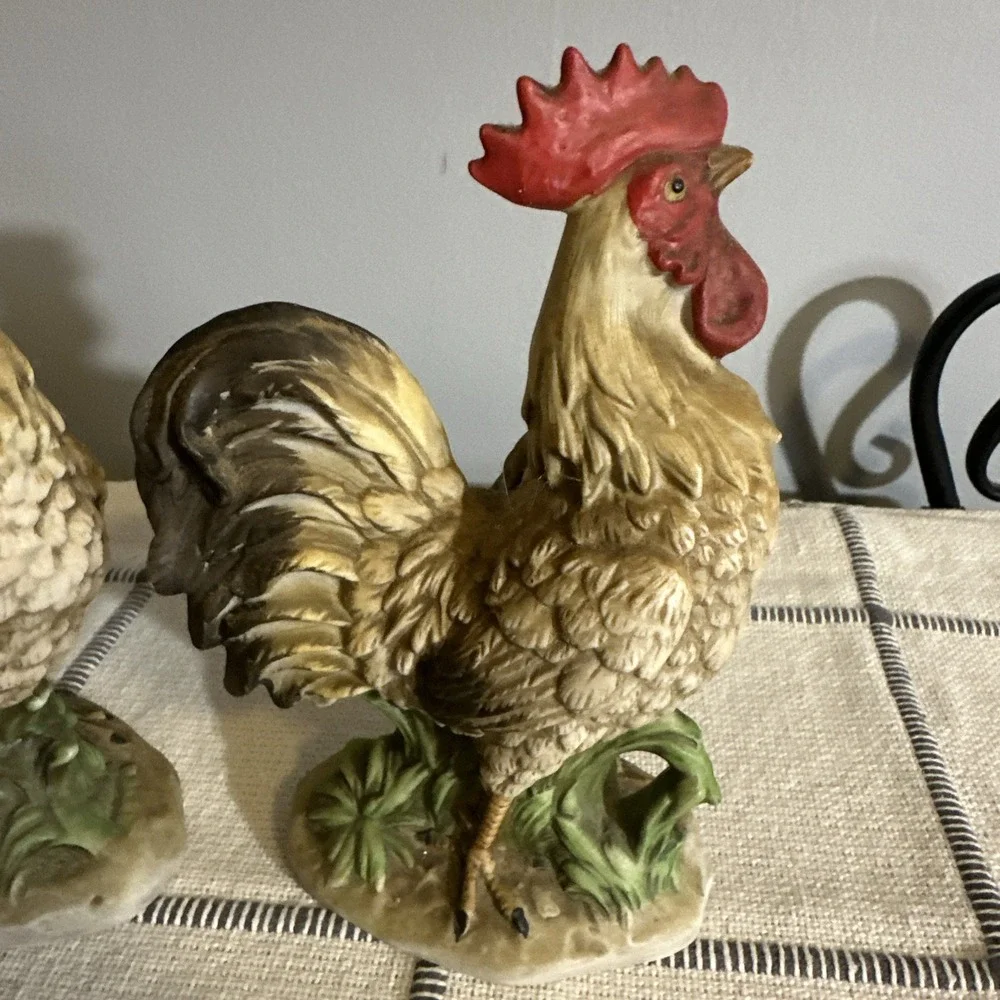 Homco Rooster and Hen Figurines Ceramic Chicken‎ Country Decor 1446 1445 Vintage